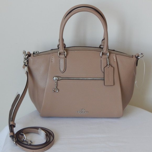 NWT COACH ELISE Pebbled Leather Medium Satchel Top Handle Bag in Light Taupe - Picture 1 of 13